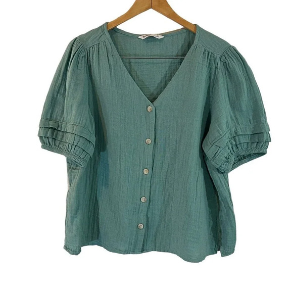 Sonoma Sage Green Button Up Blouse XL V Neck Pleated Shoulder Balloon Sleeve Top - Picture 1 of 5
